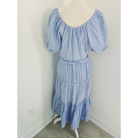 Fifteen Twenty Cotton Striped Blue White Tie Tiered Peasant Midi Cottage Dress L - Picture 7 of 13